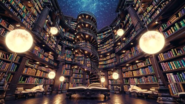 Elaborate multistory library interior with curved spiral staircase, wooden bookshelves filled with colorful books, large spherical light fixtures, and a starry night sky background