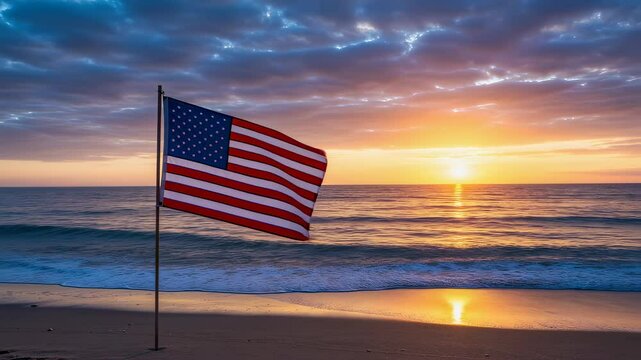 American flag waving on beach at sunset motion picture. Stars and Stripes on seashore. Independence Day celebration video. Patriotism symbol footage clip.