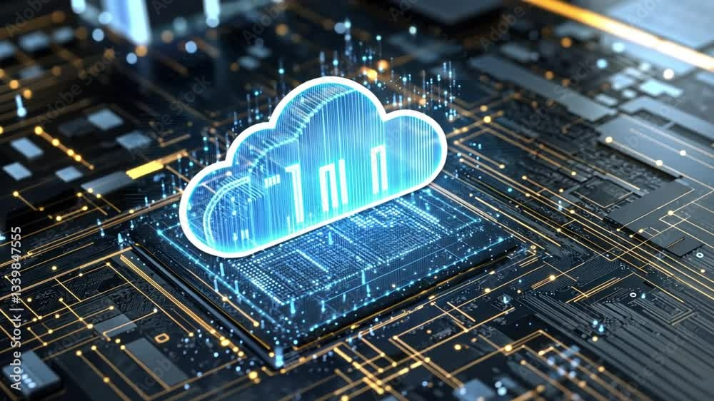 Poster digital cloud computing concept with data visualization on circuit board