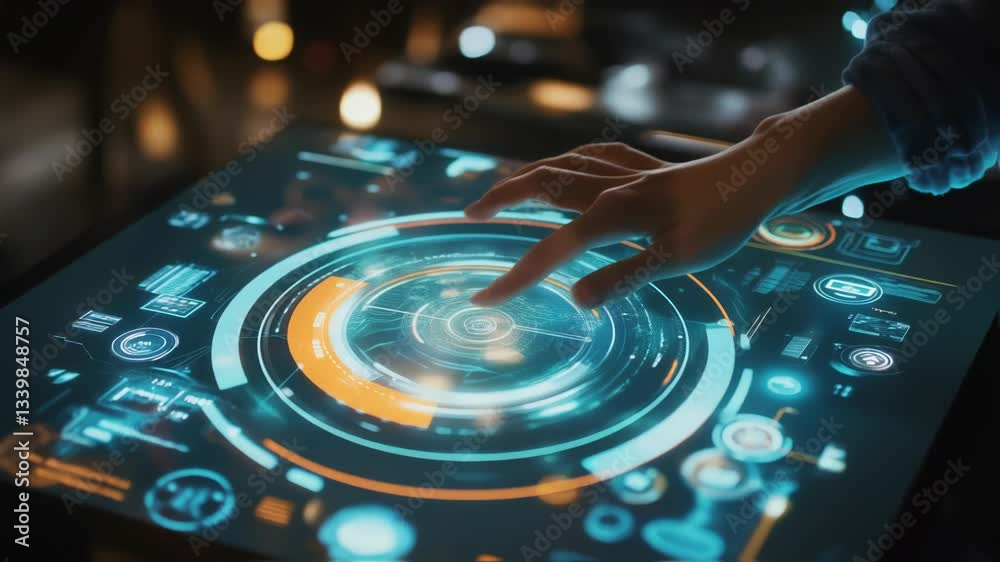 Poster engineer interacts with a futuristic touchscreen interface, manipulating data and controls with prec