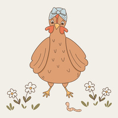 cute cartoon character hand drawn brown hen with worm in the meadow with daisy flowers funny vector illustration