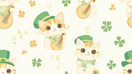 Fototapeta premium Adorable St. Patrick's Day Kitten in Green Hat and Shamrock Pattern - Cute Cartoon Feline Illustration for Festive Children's Wallpaper