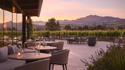 A beautiful outdoor restaurant overlooking vineyards at sunset colors