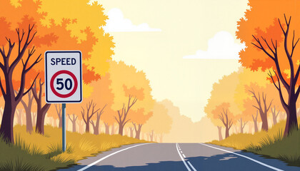 Hand-drawn speed limit sign on autumn roadside, safe driving awareness