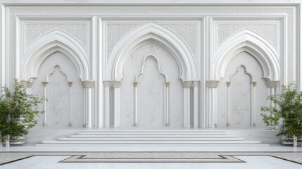 Fototapeta premium Elegant White Islamic Architecture: Serene Courtyard with Intricate Arches and Marble