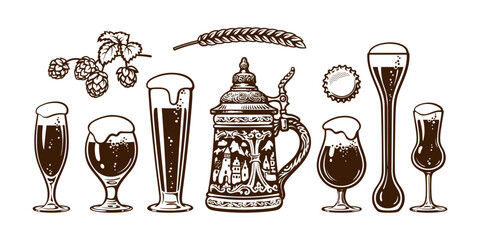 Set of beer objects. Vector illustration.