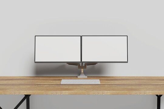 Two screen computer monitor setup on a white background. Curved screen computer monitor with free space. New generation desktop setup 