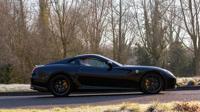 Stony Stratford,UK - Mar. 2nd 2025:  2008 Ferrari 599 car driving on a British road.