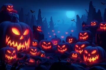 Spooky halloween scene featuring frightening pumpkins and a sinister monster vehicle