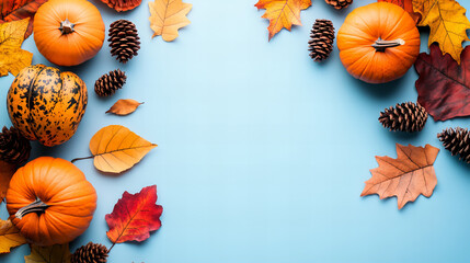 Fototapeta premium Flat lay autumn composition with bright orange pumpkins, dried maple leaves, and pinecones on a blue background, perfect for fall, Thanksgiving, or seasonal decoration themes.