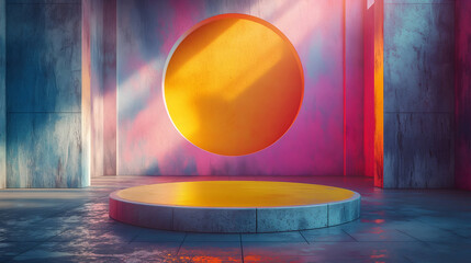 Neon Minimalist Room Yellow, Pink, Purple Concrete Platform, Modern Art Studio Design