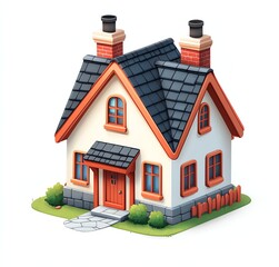 Cute Cartoon House Illustration with Chimneys, Windows, and Garden