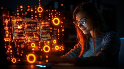 Woman working on a computer with data visualization overlay present