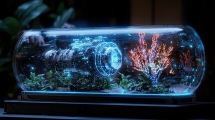 A futuristic device is enclosed inside a transparent display case