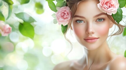 Naklejka premium Portrait of a beautiful young woman with pink roses on her head and green leaves, in natural daylight, with a spring background.