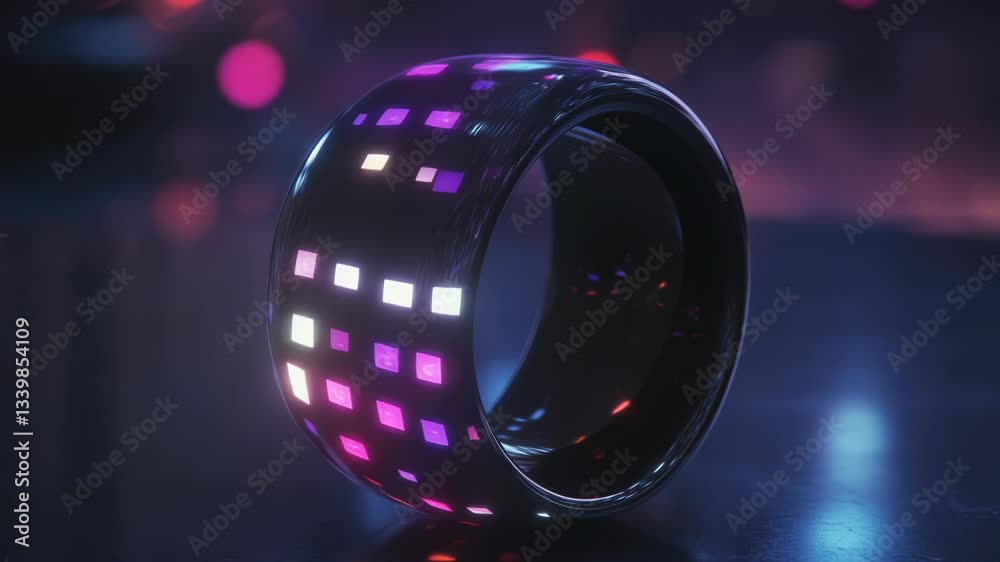 Poster innovative smart ring displaying dynamic pixelated patterns glowing with changing colors, reflecting