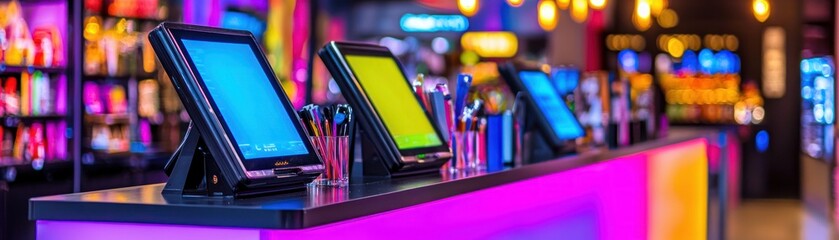 Modern Point Of Sale Systems Displayed On A Countertop Surface