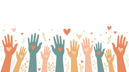 Illustrative Vector Art Diverse Hands Raised with Hearts Love Support Community Volunteering Charity Unity Graphic Design Stock Vector Illustration