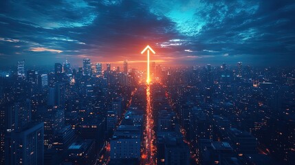 A glowing arrow rising above a futuristic cityscape, representing progress and ambition 