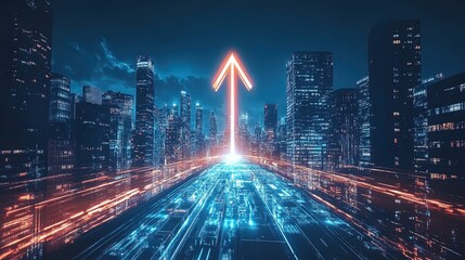 A glowing arrow rising above a futuristic cityscape, representing progress and ambition 