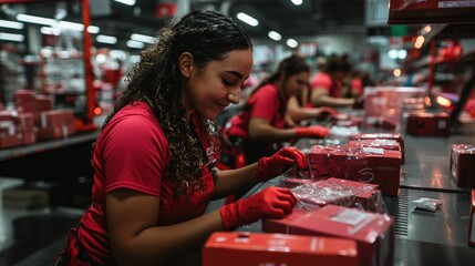 Workers efficiently assemble and package items inside a large warehouse space