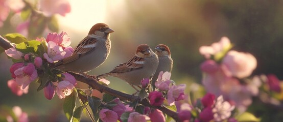 Fototapeta premium A group of sparrows perched on the branch of a spring apple tree in a garden, surrounded by pink flowers.