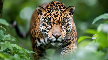 Obraz premium A spotted jaguar emerges from lush green foliage and looks directly ahead