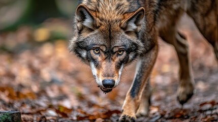 Fototapeta premium A close up portrait of a magnificent wolf walking forward