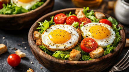 Fresh salad with baked eggs, cherry tomatoes, and arugula in a rustic wooden bowl, seasoned with black pepper and olive oil, ideal for healthy eating, breakfast, brunch, or a nutritious meal

