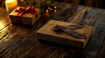 Romantic Valentine's scene close-up of a gift box and a tie folded neatly on a rustic oak table, soft warm glow, detailed textures