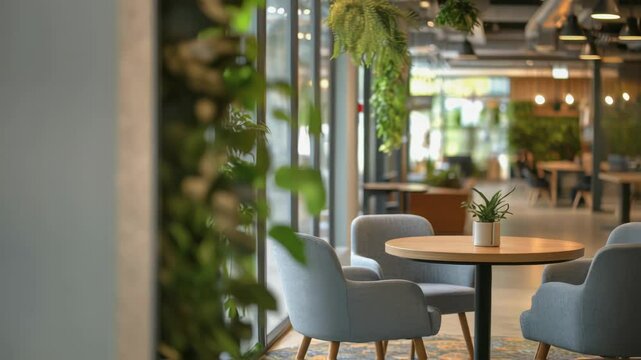 Modern coworking office space features a round table with comfortable chairs, adorned with a small potted plant, showcasing a relaxing and productive environment
