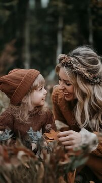 A mother and her daughter are gathering flowers and playing outdoors, engaging in activities that promote sustainable tourism and a connection to nature