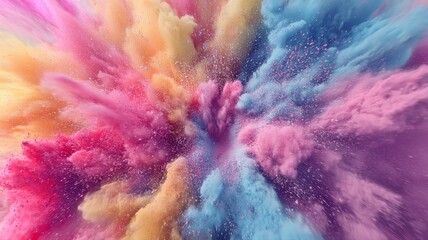 Dynamic 3D composition of colorful powder explosions forming a swirling vortex, vibrant and energetic, perfect for Holi, festive celebrations, and abstract color illustrations.