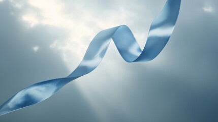 Elegant blue ribbon drifting through a muted gray sky, subtle glow and mist, evoking deep human emotions of loss and remembrance