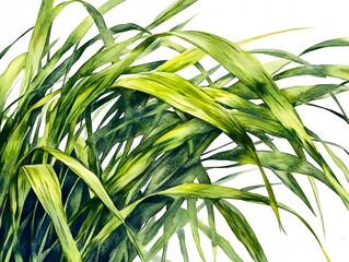 Fototapeta premium Lush vibrant green watercolor painting of long graceful blades of tropical grass isolated on a white background perfect for nature designs.