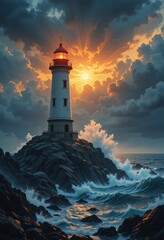 Breathtaking Coastal Scene: Lighthouse Towering Above Rocky Shoreline at Dusk