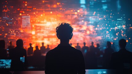 A business conference featuring holographic networking tools and interactive displays, vibrant and cutting-edge