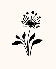 Obraz premium The image features a minimalist black flower illustration with a long stem, paired leaves, and a silhouette-shaped bloom on a cream background. Its design is simple and elegant.