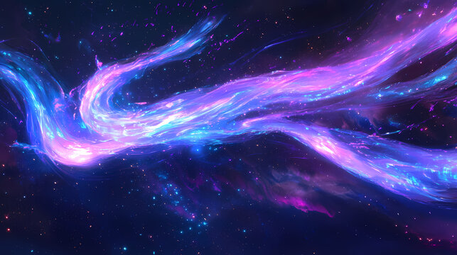 Bioluminescent fiber optic network forming an intricate web against deep space background, pulsing with electric blue and cosmic purple energy. Bioluminescent Web. Illustration