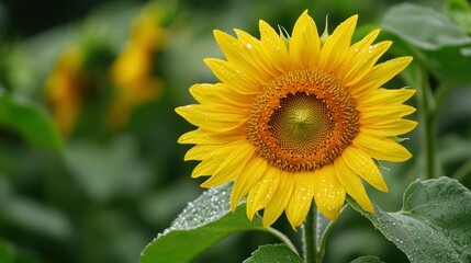 A bright yellow sunflower covered in small droplets of water