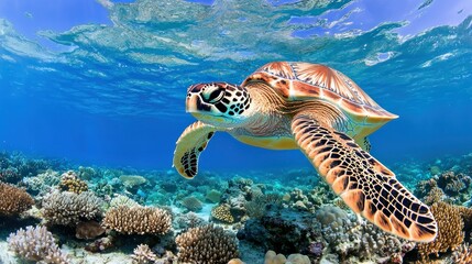 Fototapeta premium A beautiful sea turtle swims in the ocean near coral reefs