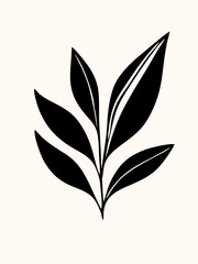 The image features a minimalist black flower illustration with a long stem, paired leaves, and a silhouette-shaped bloom on a cream background. Its design is simple and elegant.