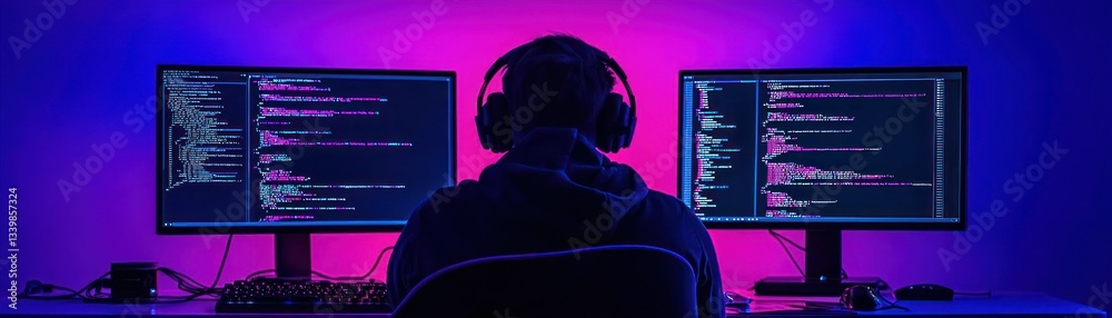 Wall mural person working with computer code on dual computer monitors at desk