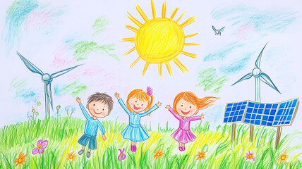 Naklejka premium Clean energy concept image. Kid drawing style renewable energy
