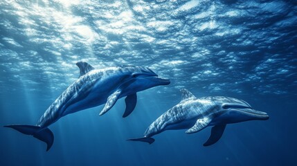 Fototapeta premium Aerial view of dolphins swimming in the ocean, aerial photography.
