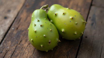 Fresh Green Kiwano Melons - Spiky African Horned Cucumbers on Rustic Wood Table Close-up Food Still Life Photography Exotic Tropical Ripe Fruit with Sharp Spikes