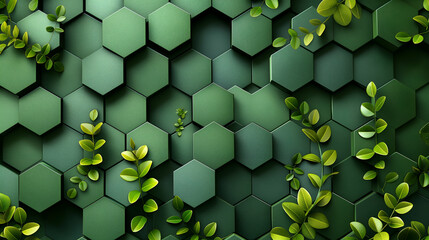 Green Hexagon Pattern Lush Greenery Texture, 3D Botanical Design for Modern Walls