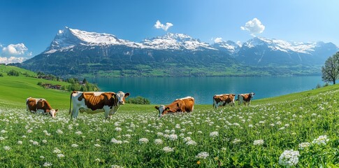 Fototapeta premium Beautiful alpine lake with snow-capped mountains and white flowers in the grass, cows on a green meadow, blue sky.