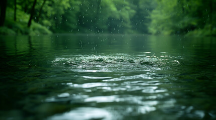 Fototapeta premium Green Forest River Peaceful Water Drops, Lush Summer Greenery for Tranquil Scenes