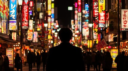 Obraz premium A person stands looking down a brightly lit city street at night